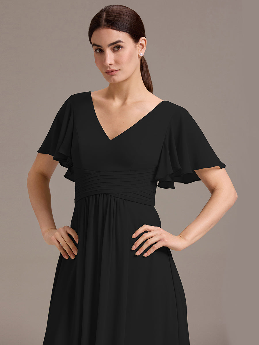 Chiffon Double V-Neck A-Line Ruffled Sleeves Bridesmaid Dress with Asymmetrical Hem #color_Black