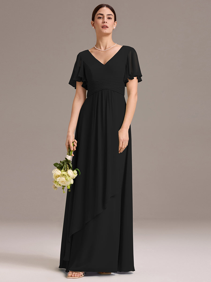 Chiffon Double V-Neck A-Line Ruffled Sleeves Bridesmaid Dress with Asymmetrical Hem #color_Black