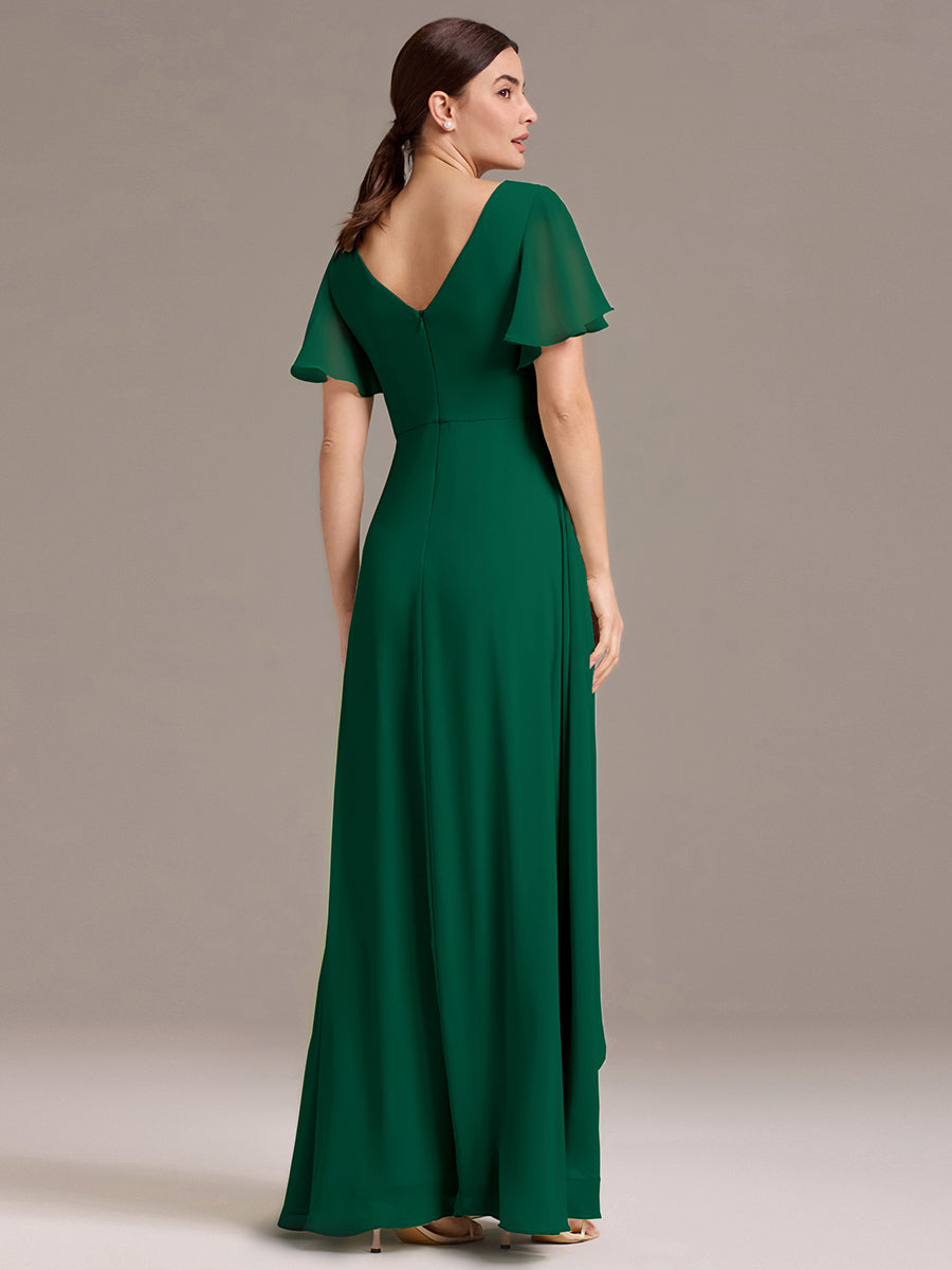 Chiffon Double V-Neck A-Line Ruffled Sleeves Bridesmaid Dress with Asymmetrical Hem #color_Dark Green