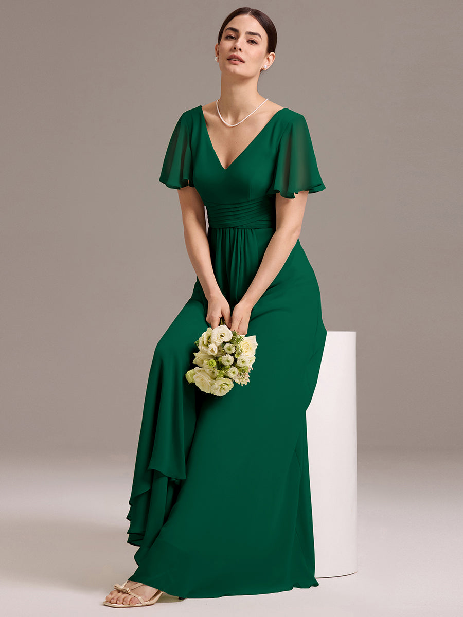 Chiffon Double V-Neck A-Line Ruffled Sleeves Bridesmaid Dress with Asymmetrical Hem #color_Dark Green