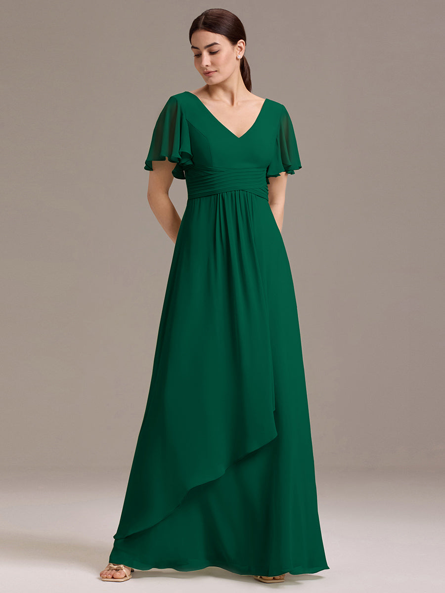 Chiffon Double V-Neck A-Line Ruffled Sleeves Bridesmaid Dress with Asymmetrical Hem #color_Dark Green