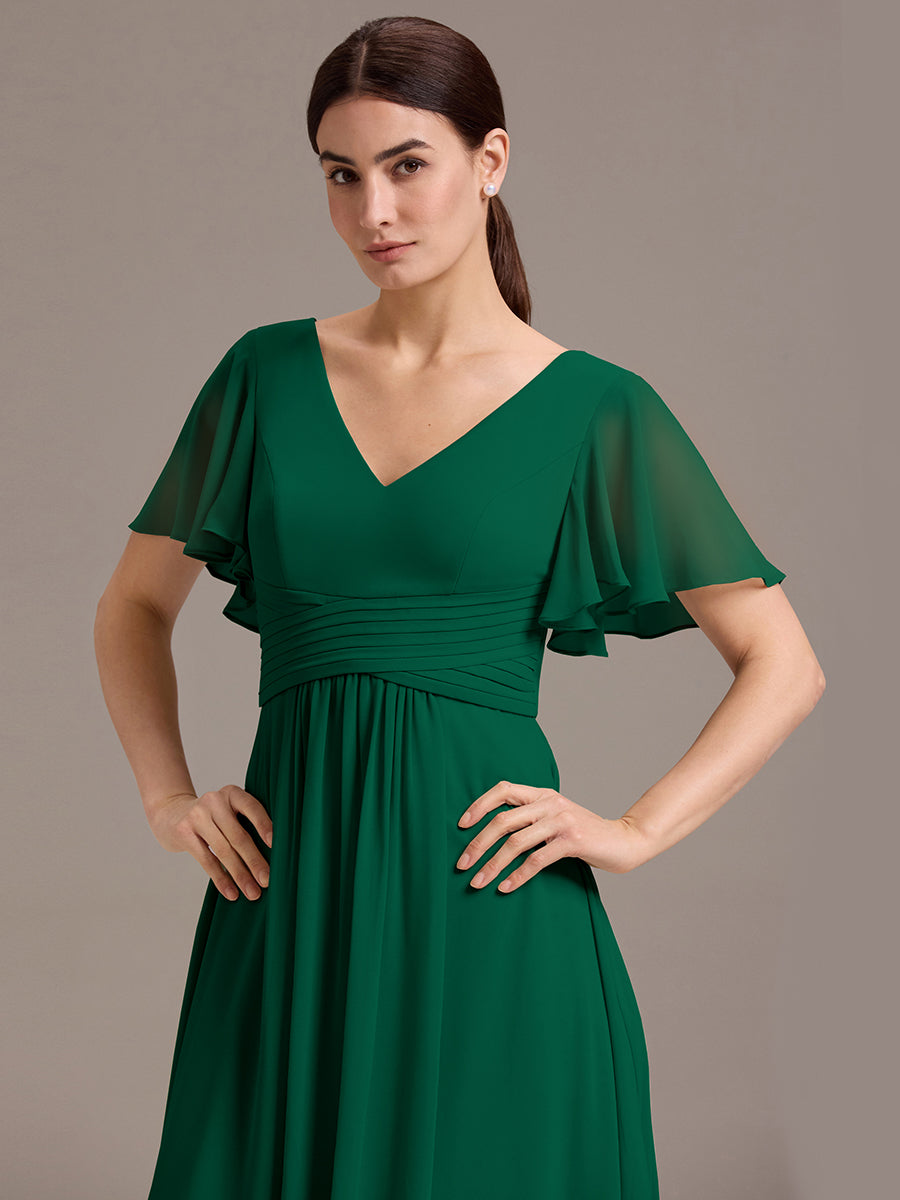 Chiffon Double V-Neck A-Line Ruffled Sleeves Bridesmaid Dress with Asymmetrical Hem #color_Dark Green