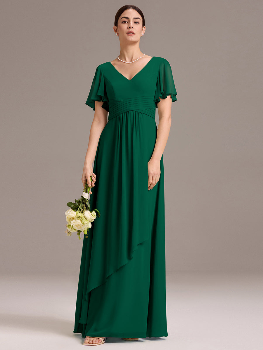 Chiffon Double V-Neck A-Line Ruffled Sleeves Bridesmaid Dress with Asymmetrical Hem #color_Dark Green