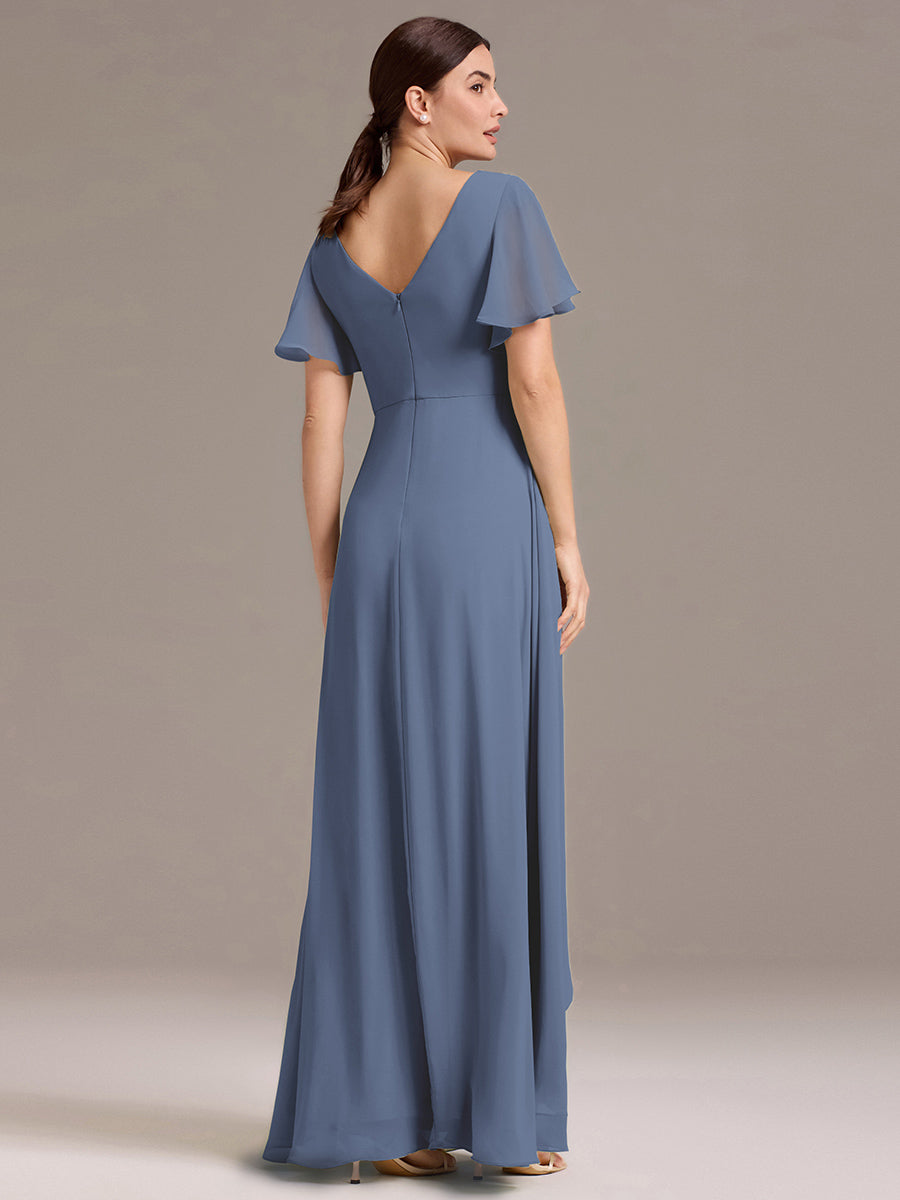 Chiffon Double V-Neck A-Line Ruffled Sleeves Bridesmaid Dress with Asymmetrical Hem #color_Dusty Blue