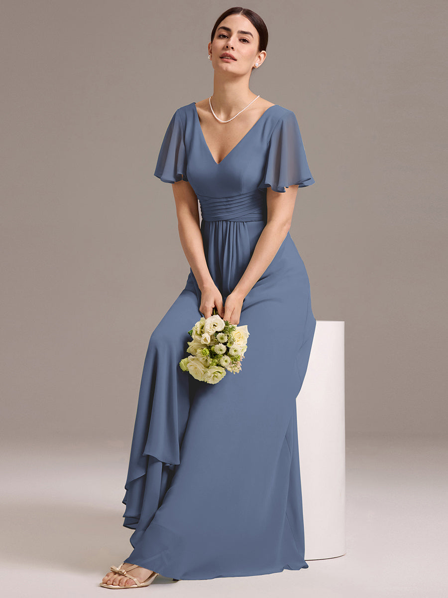 Chiffon Double V-Neck A-Line Ruffled Sleeves Bridesmaid Dress with Asymmetrical Hem #color_Dusty Blue