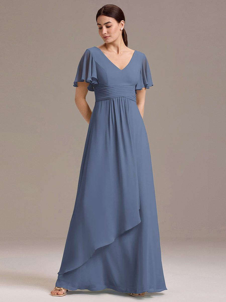 Chiffon Double V-Neck A-Line Ruffled Sleeves Bridesmaid Dress with Asymmetrical Hem #color_Dusty Blue