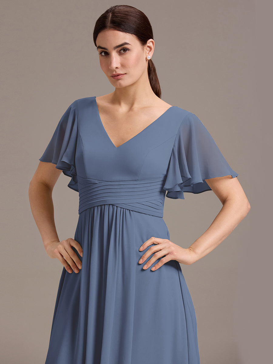 Chiffon Double V-Neck A-Line Ruffled Sleeves Bridesmaid Dress with Asymmetrical Hem #color_Dusty Blue