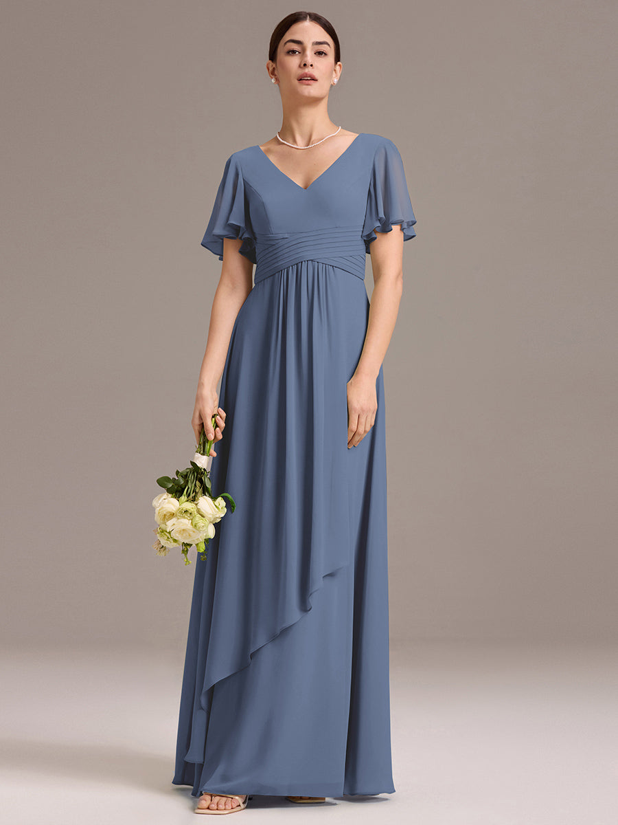 Chiffon Double V-Neck A-Line Ruffled Sleeves Bridesmaid Dress with Asymmetrical Hem #color_Dusty Blue