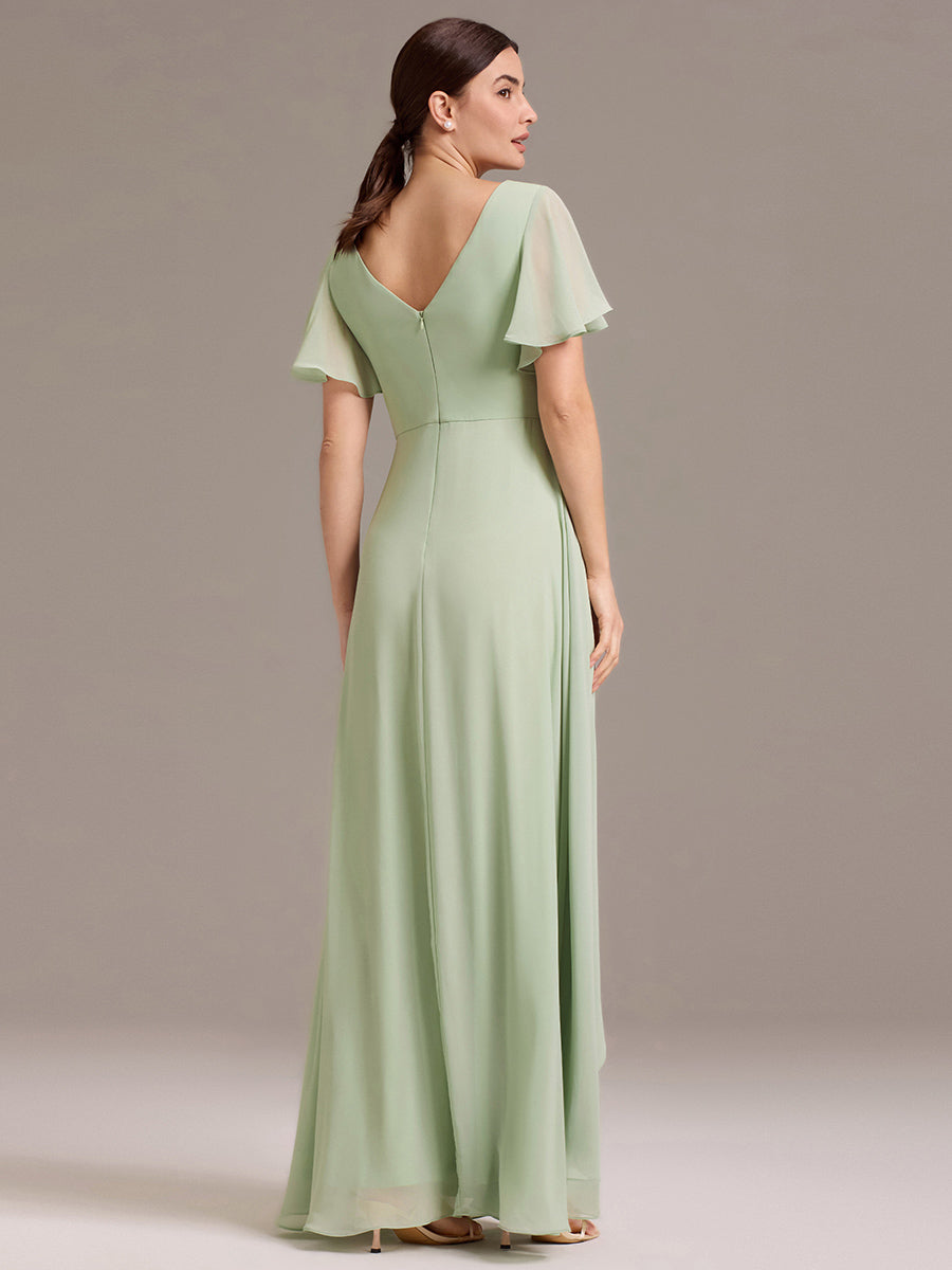 Chiffon Double V-Neck A-Line Ruffled Sleeves Bridesmaid Dress with Asymmetrical Hem #color_Mint Green