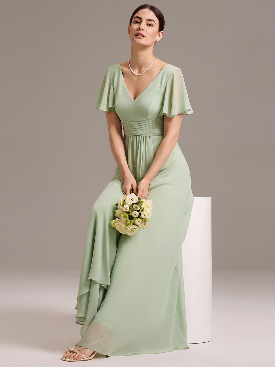 Chiffon Double V-Neck A-Line Ruffled Sleeves Bridesmaid Dress with Asymmetrical Hem #color_Mint Green