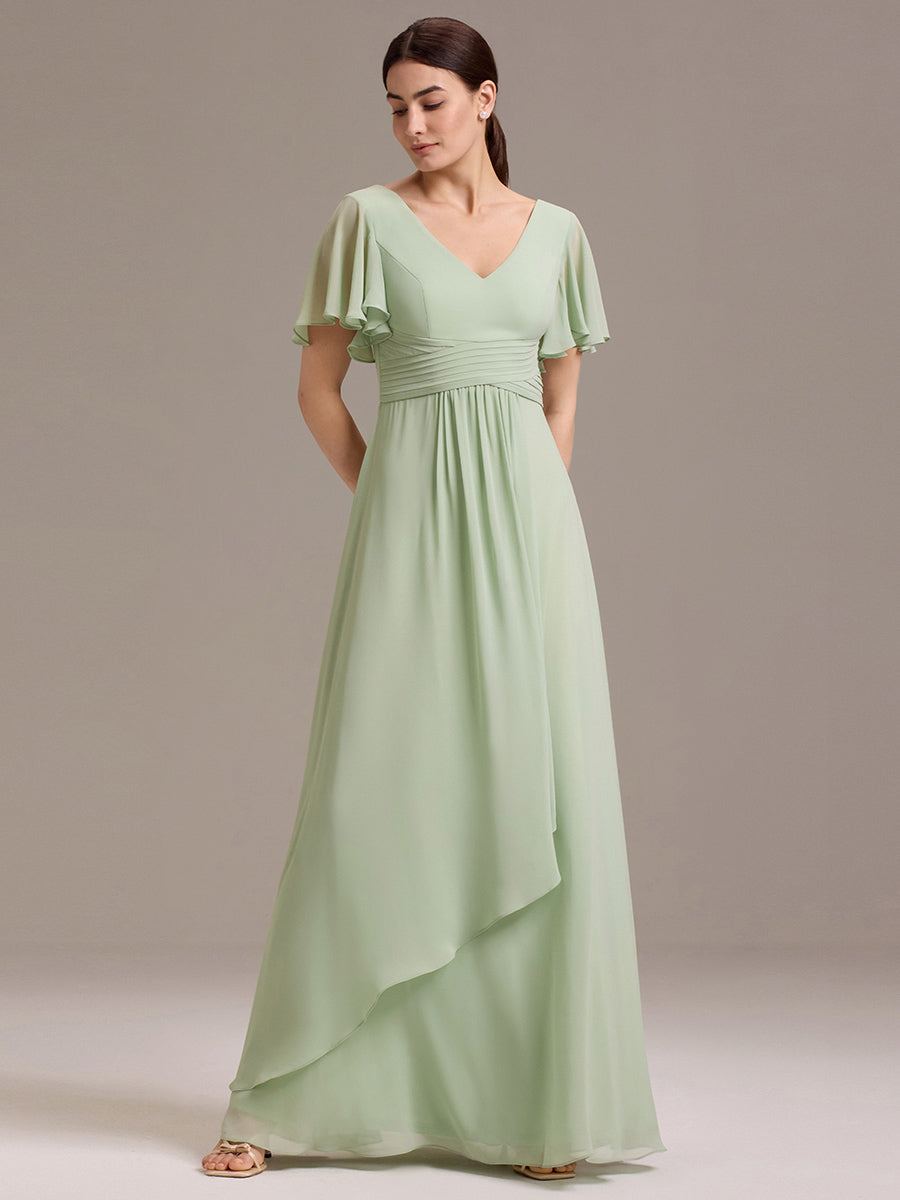 Chiffon Double V-Neck A-Line Ruffled Sleeves Bridesmaid Dress with Asymmetrical Hem #color_Mint Green