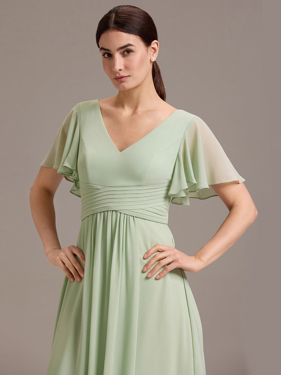 Chiffon Double V-Neck A-Line Ruffled Sleeves Bridesmaid Dress with Asymmetrical Hem #color_Mint Green