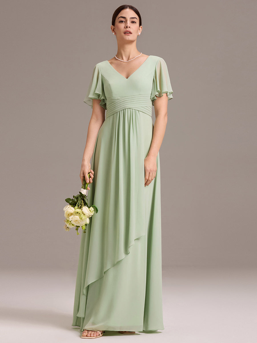 Chiffon Double V-Neck A-Line Ruffled Sleeves Bridesmaid Dress with Asymmetrical Hem #color_Mint Green