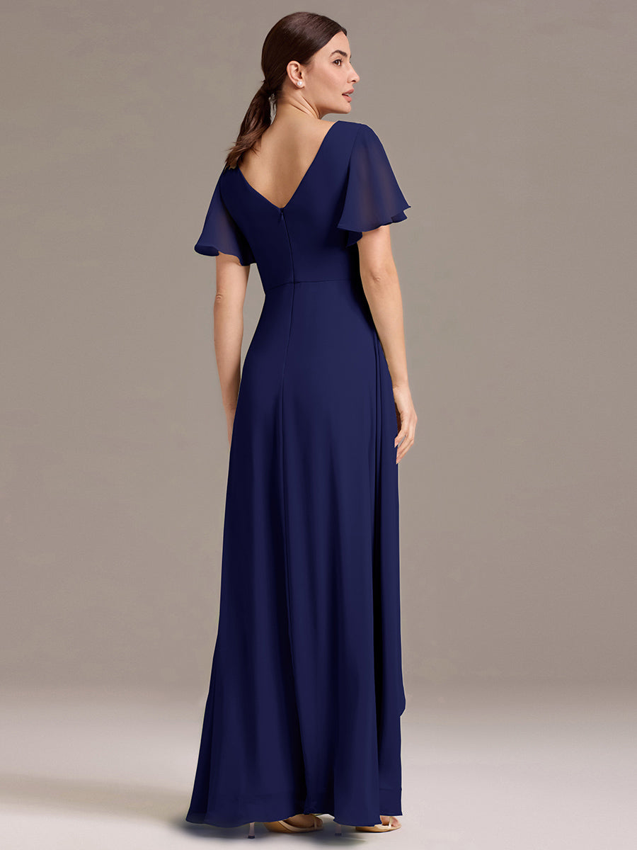 Chiffon Double V-Neck A-Line Ruffled Sleeves Bridesmaid Dress with Asymmetrical Hem #color_Navy Blue
