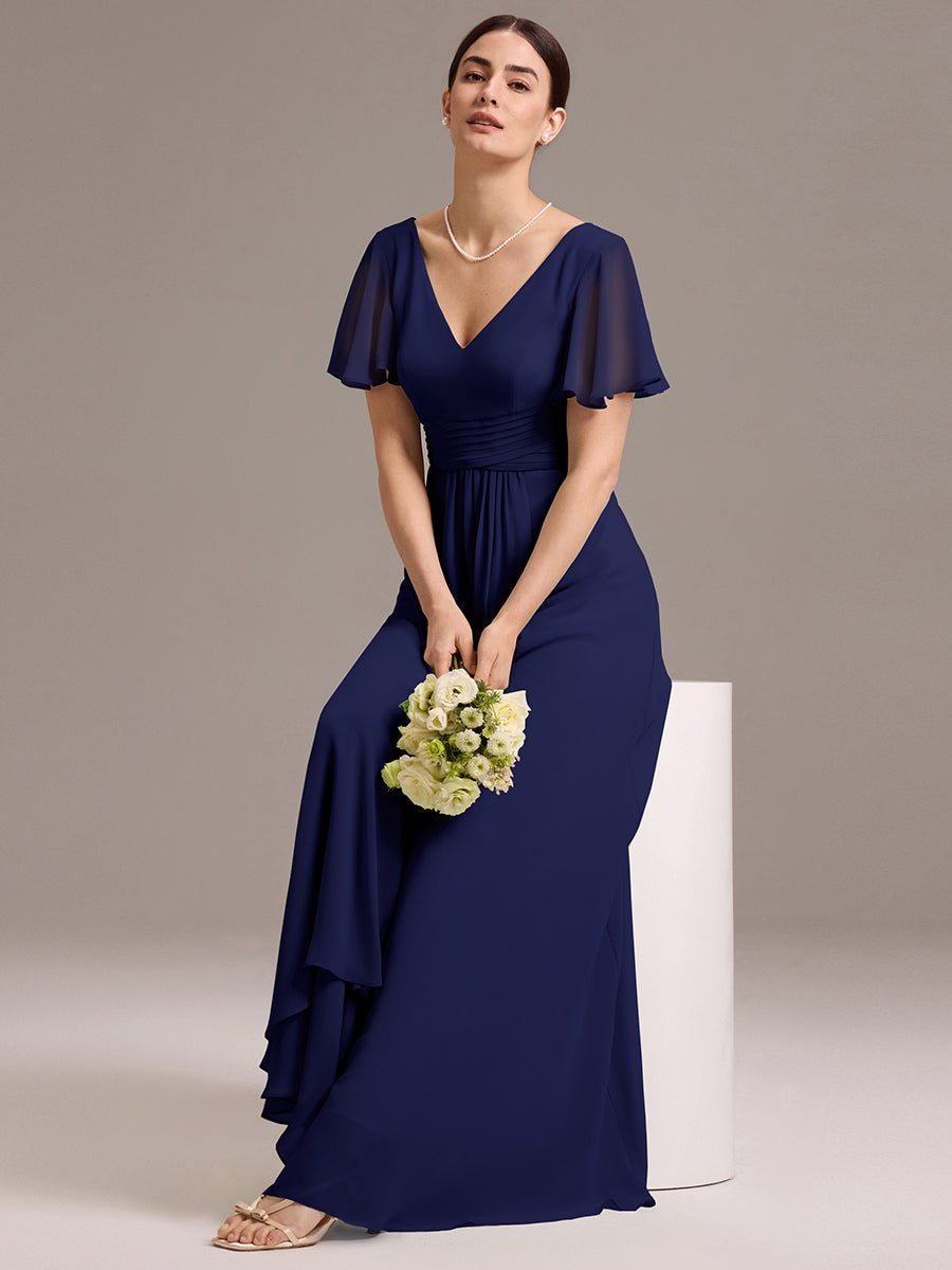 Chiffon Double V-Neck A-Line Ruffled Sleeves Bridesmaid Dress with Asymmetrical Hem #color_Navy Blue