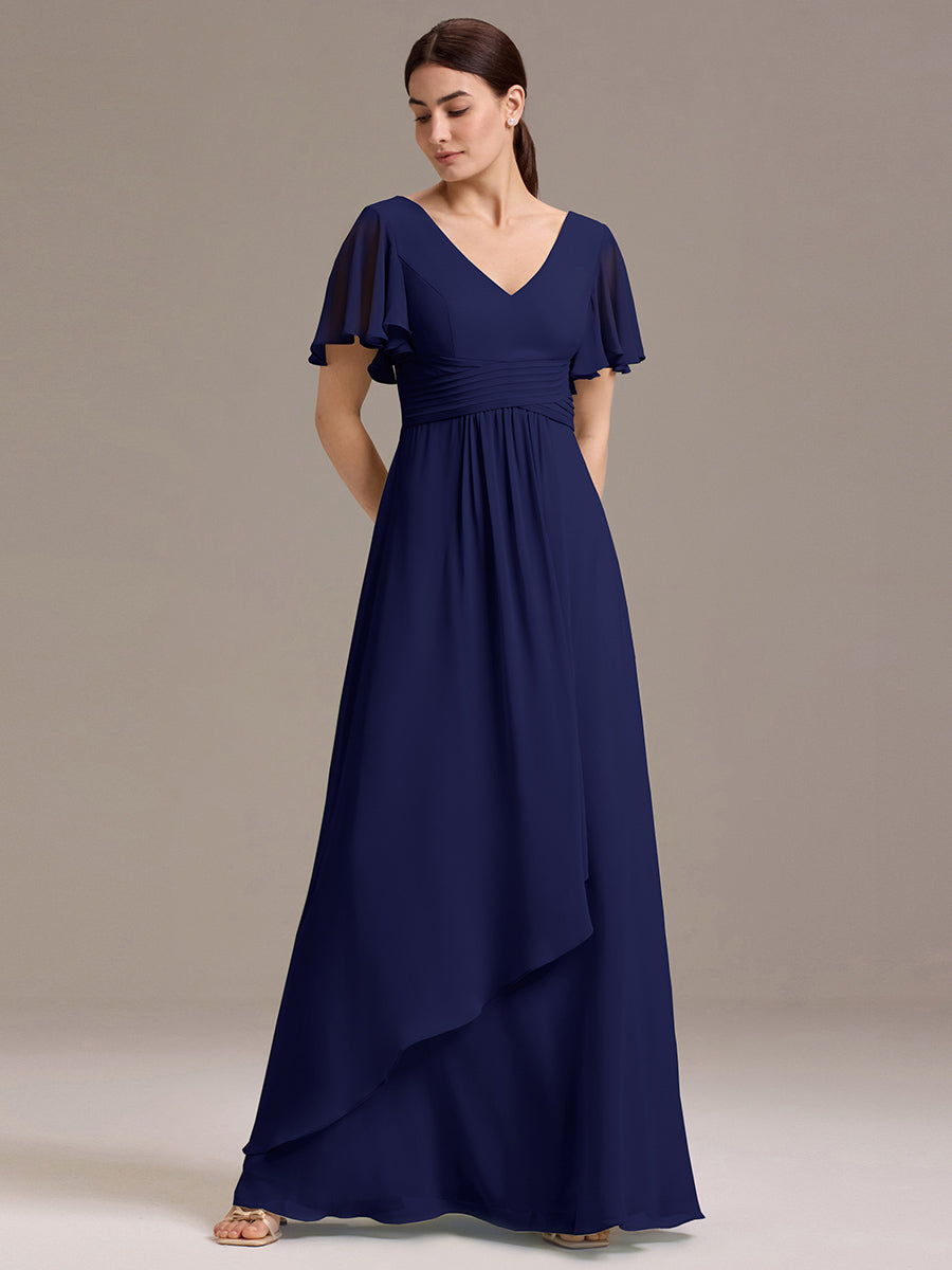 Chiffon Double V-Neck A-Line Ruffled Sleeves Bridesmaid Dress with Asymmetrical Hem #color_Navy Blue