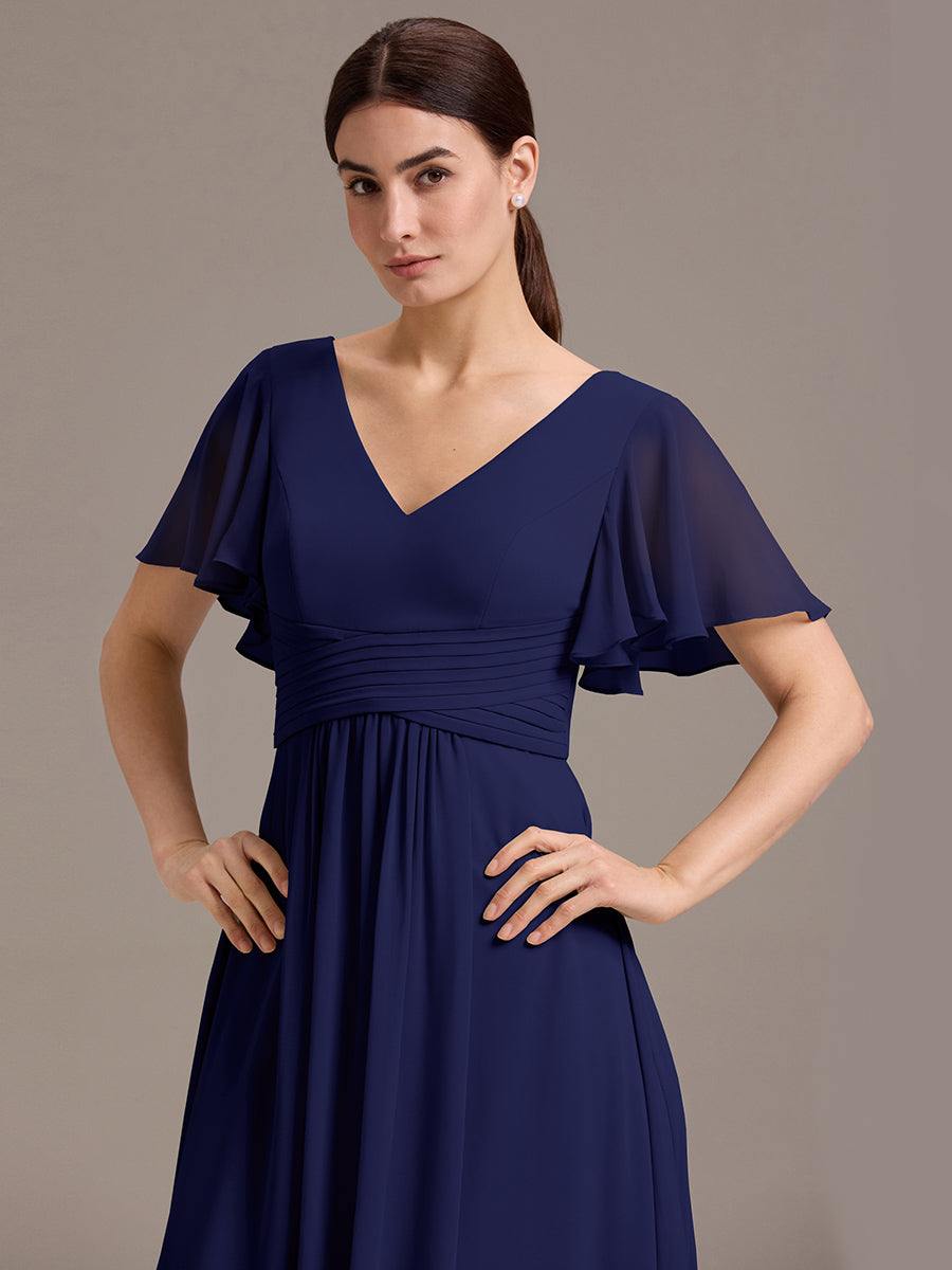 Chiffon Double V-Neck A-Line Ruffled Sleeves Bridesmaid Dress with Asymmetrical Hem #color_Navy Blue
