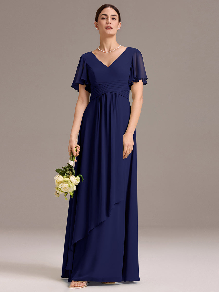 Chiffon Double V-Neck A-Line Ruffled Sleeves Bridesmaid Dress with Asymmetrical Hem #color_Navy Blue