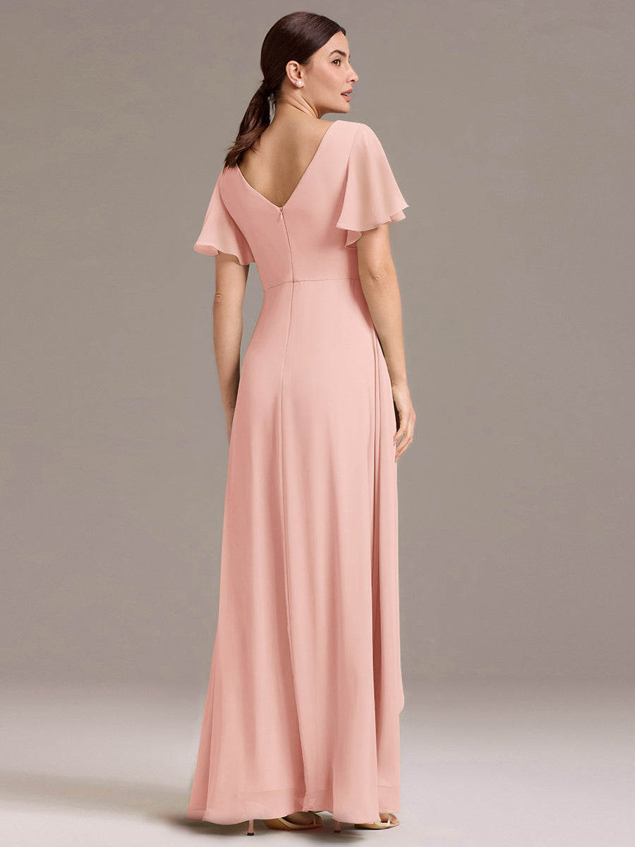 Chiffon Double V-Neck A-Line Ruffled Sleeves Bridesmaid Dress with Asymmetrical Hem #color_Pink