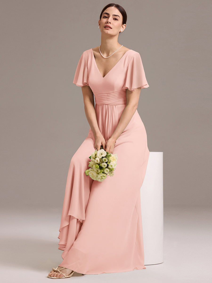 Chiffon Double V-Neck A-Line Ruffled Sleeves Bridesmaid Dress with Asymmetrical Hem #color_Pink