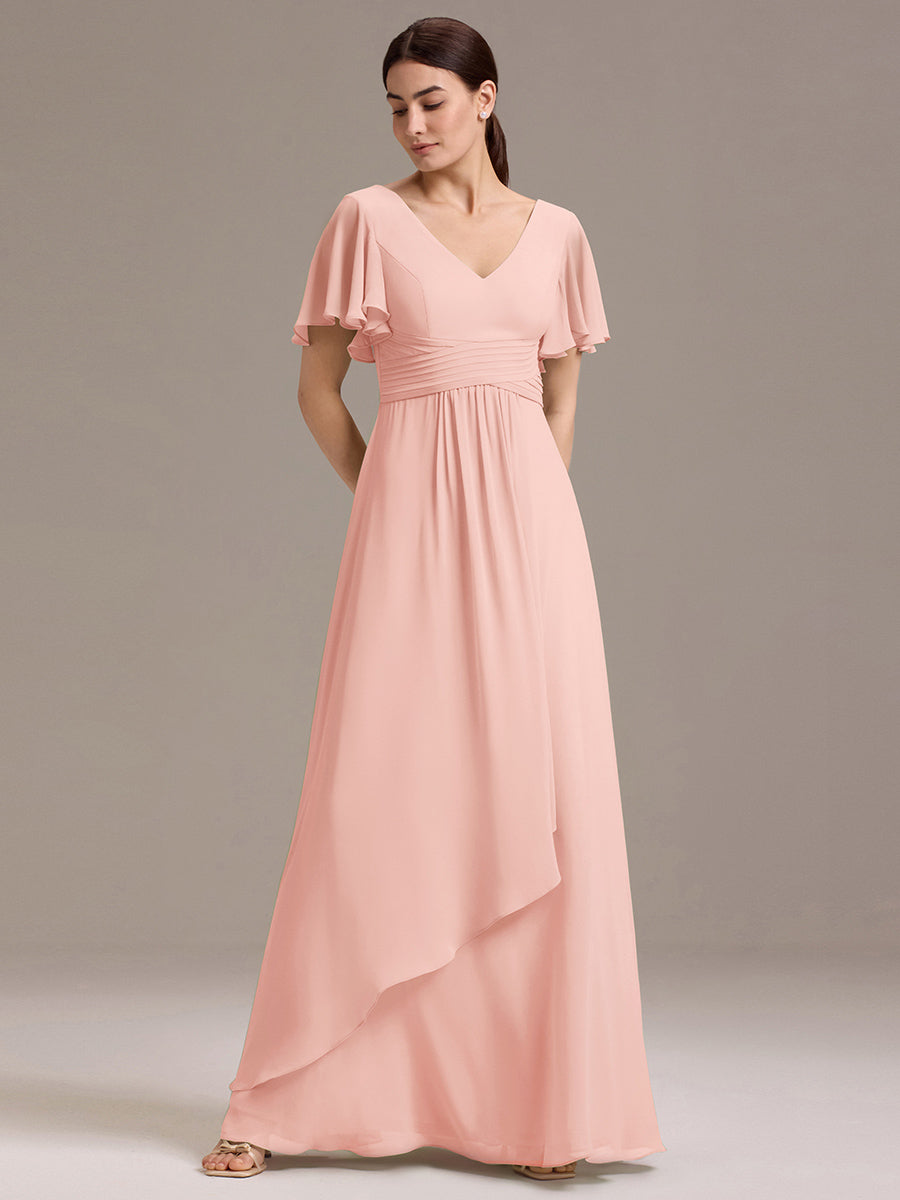 Chiffon Double V-Neck A-Line Ruffled Sleeves Bridesmaid Dress with Asymmetrical Hem #color_Pink