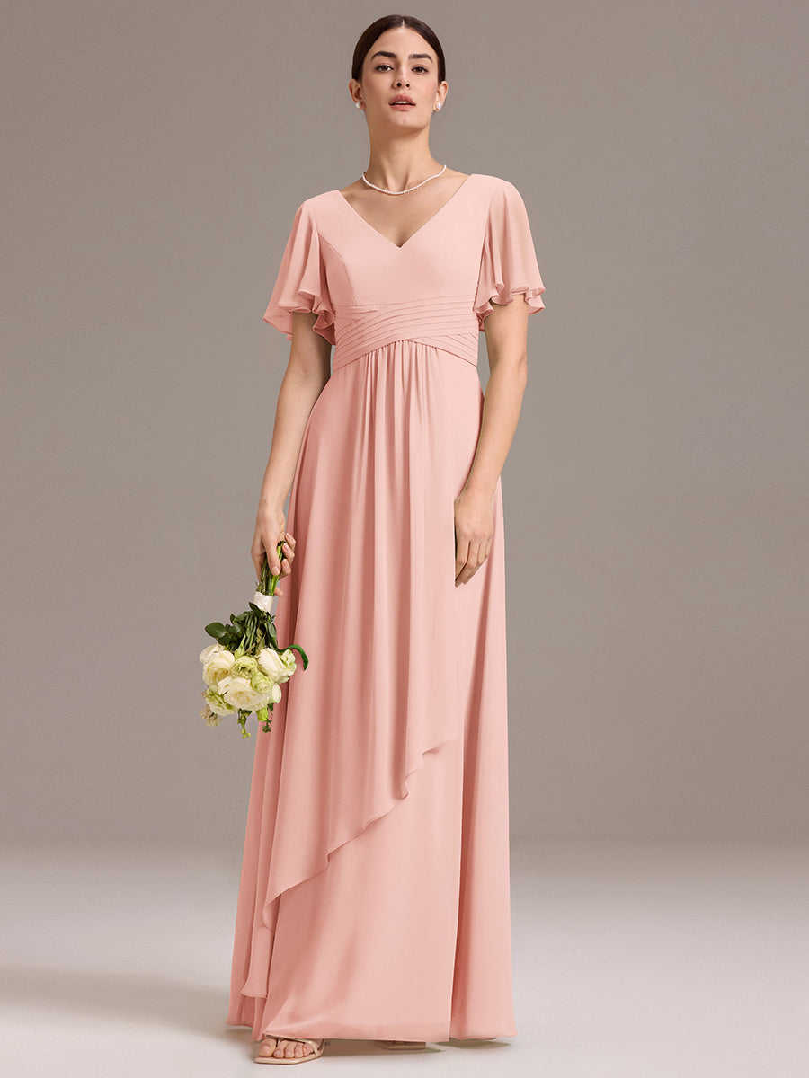 Chiffon Double V-Neck A-Line Ruffled Sleeves Bridesmaid Dress with Asymmetrical Hem #color_Pink