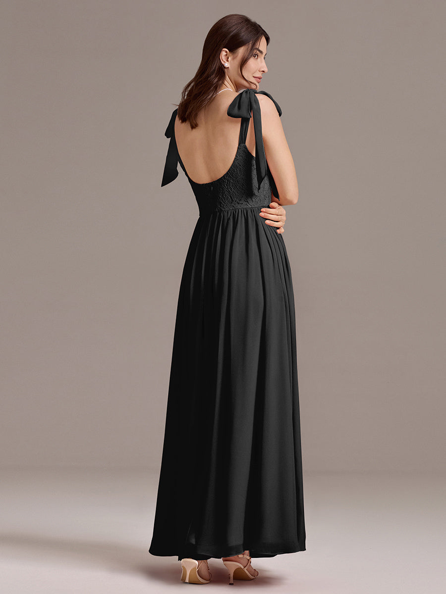 Chiffon Sweetheart Neck Bow Tie Backless A-Line Lace Bridesmaid Dress #color_Black