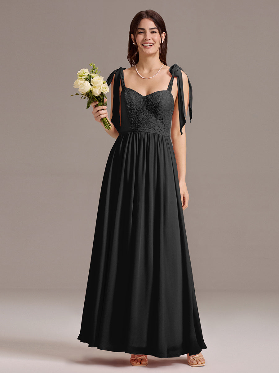 Chiffon Sweetheart Neck Bow Tie Backless A-Line Lace Bridesmaid Dress #color_Black