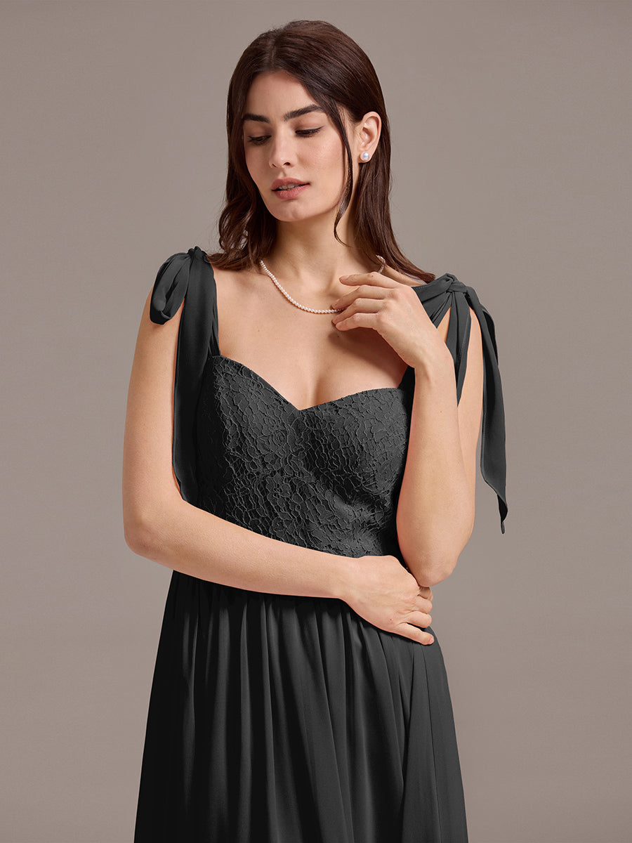 Chiffon Sweetheart Neck Bow Tie Backless A-Line Lace Bridesmaid Dress #color_Black