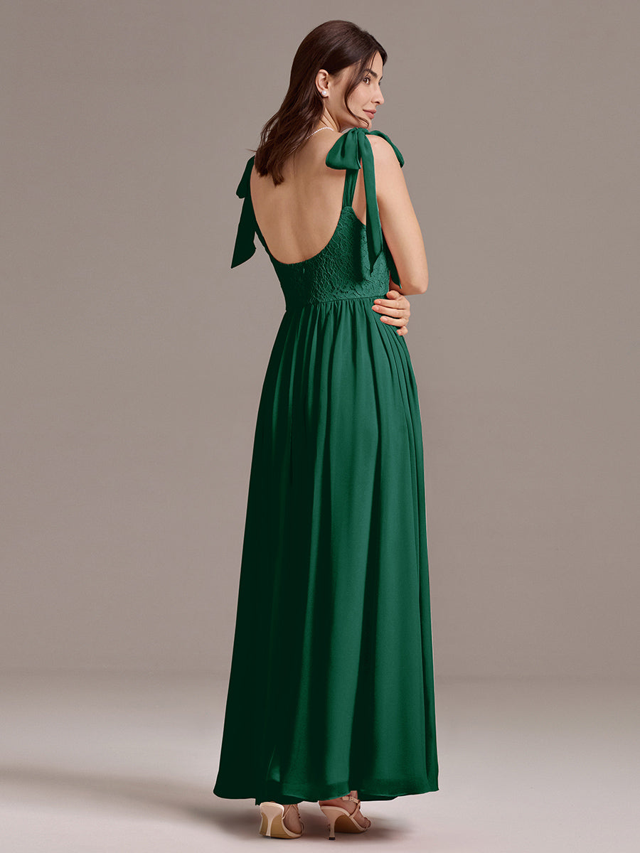 Chiffon Sweetheart Neck Bow Tie Backless A-Line Lace Bridesmaid Dress #color_Dark Green