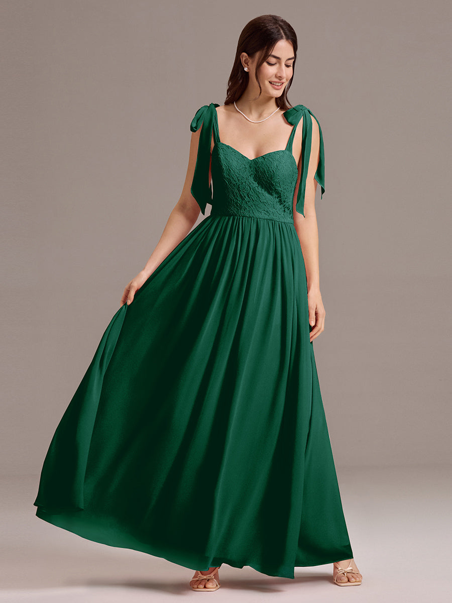 Chiffon Sweetheart Neck Bow Tie Backless A-Line Lace Bridesmaid Dress #color_Dark Green