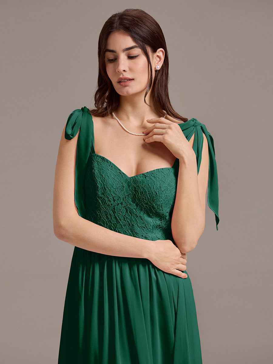 Chiffon Sweetheart Neck Bow Tie Backless A-Line Lace Bridesmaid Dress #color_Dark Green