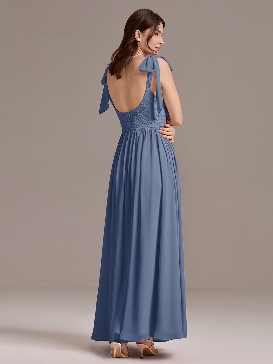 Chiffon Sweetheart Neck Bow Tie Backless A-Line Lace Bridesmaid Dress #color_Dusty Blue