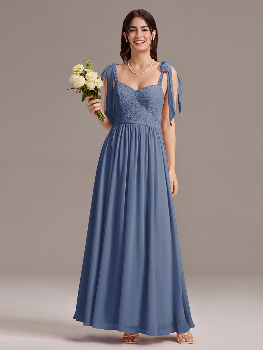 Chiffon Sweetheart Neck Bow Tie Backless A-Line Lace Bridesmaid Dress #color_Dusty Blue