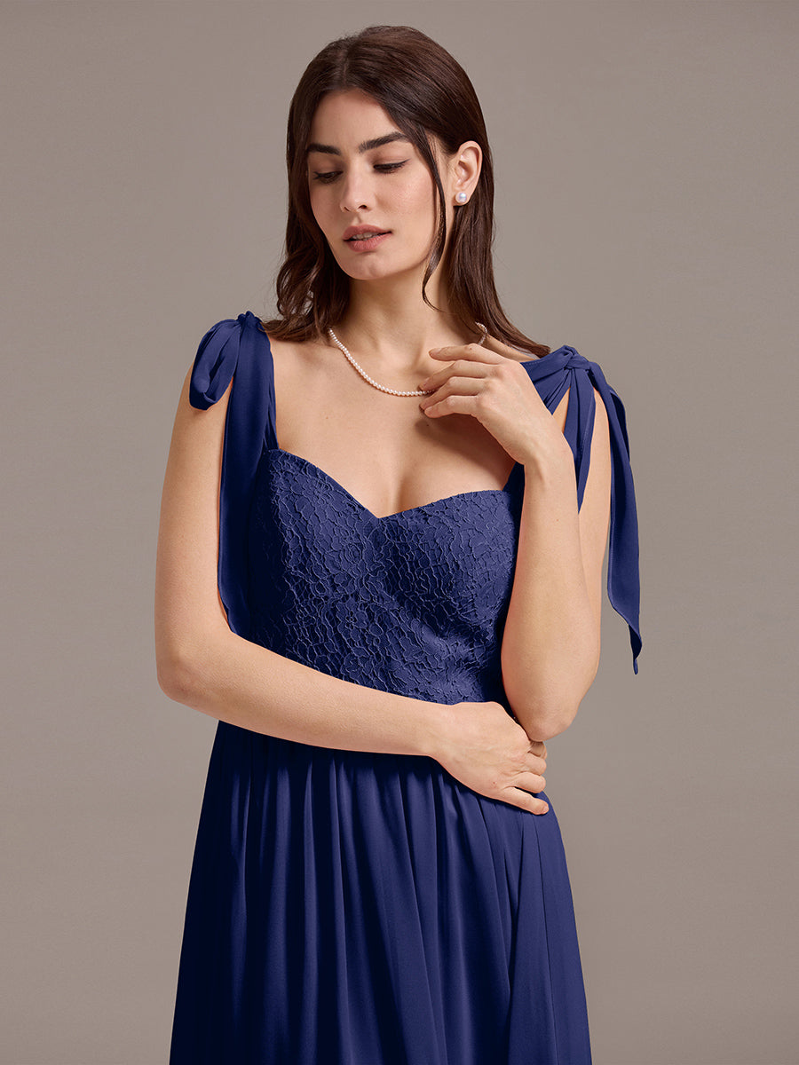 Chiffon Sweetheart Neck Bow Tie Backless A-Line Lace Bridesmaid Dress #color_Navy Blue