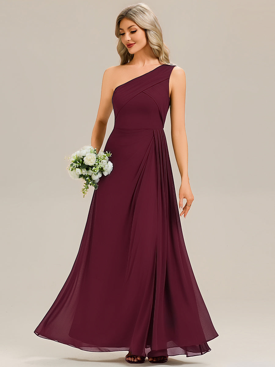 Color=Burgundy | Custom Solutions Strapless Asymmetrical Gathered Sheath Midi Bridesmaid Dresses-Burgundy 1
