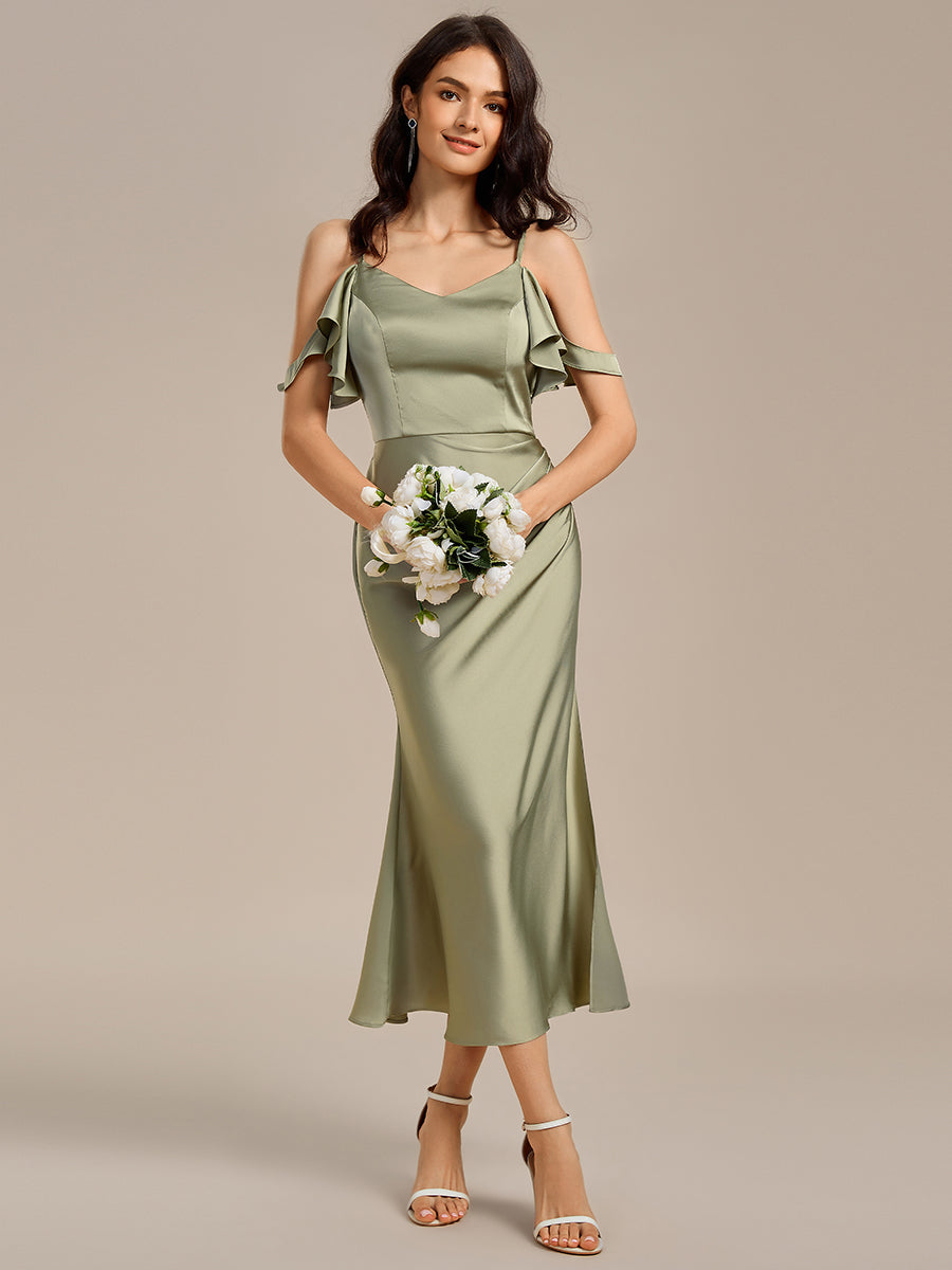 Ruffled Off Shoulder Satin Midi Mermaid Bridesmaid Dress #color_Sage Green