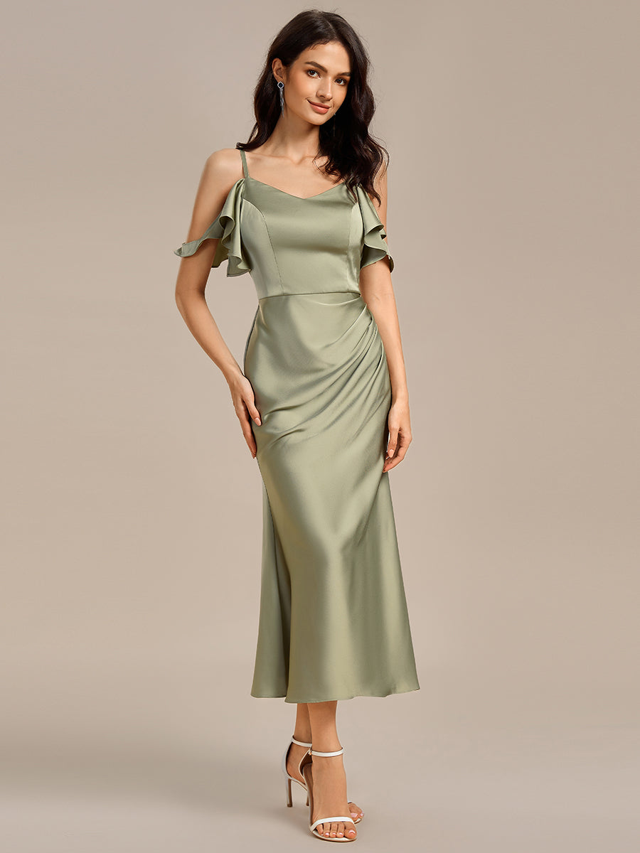 Ruffled Off Shoulder Satin Midi Mermaid Bridesmaid Dress #color_Sage Green