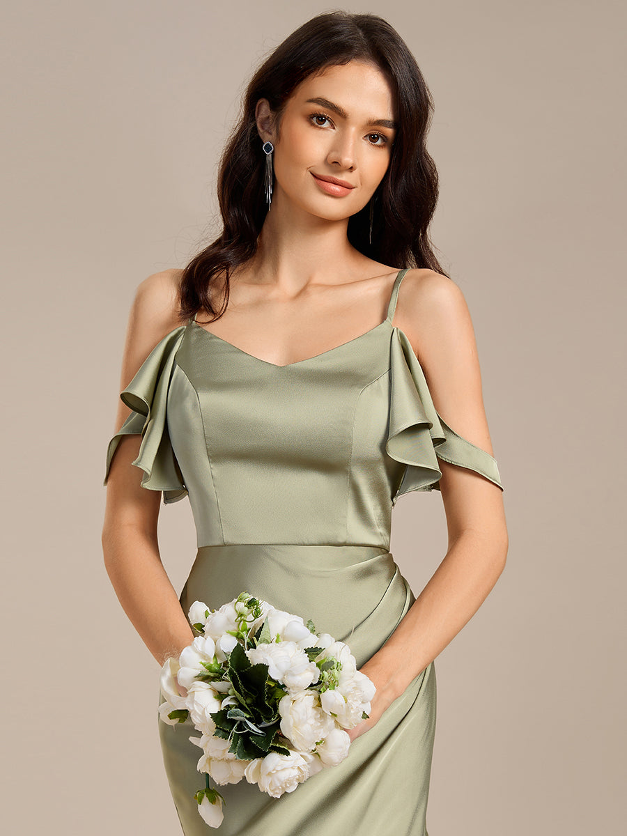 Ruffled Off Shoulder Satin Midi Mermaid Bridesmaid Dress #color_Sage Green