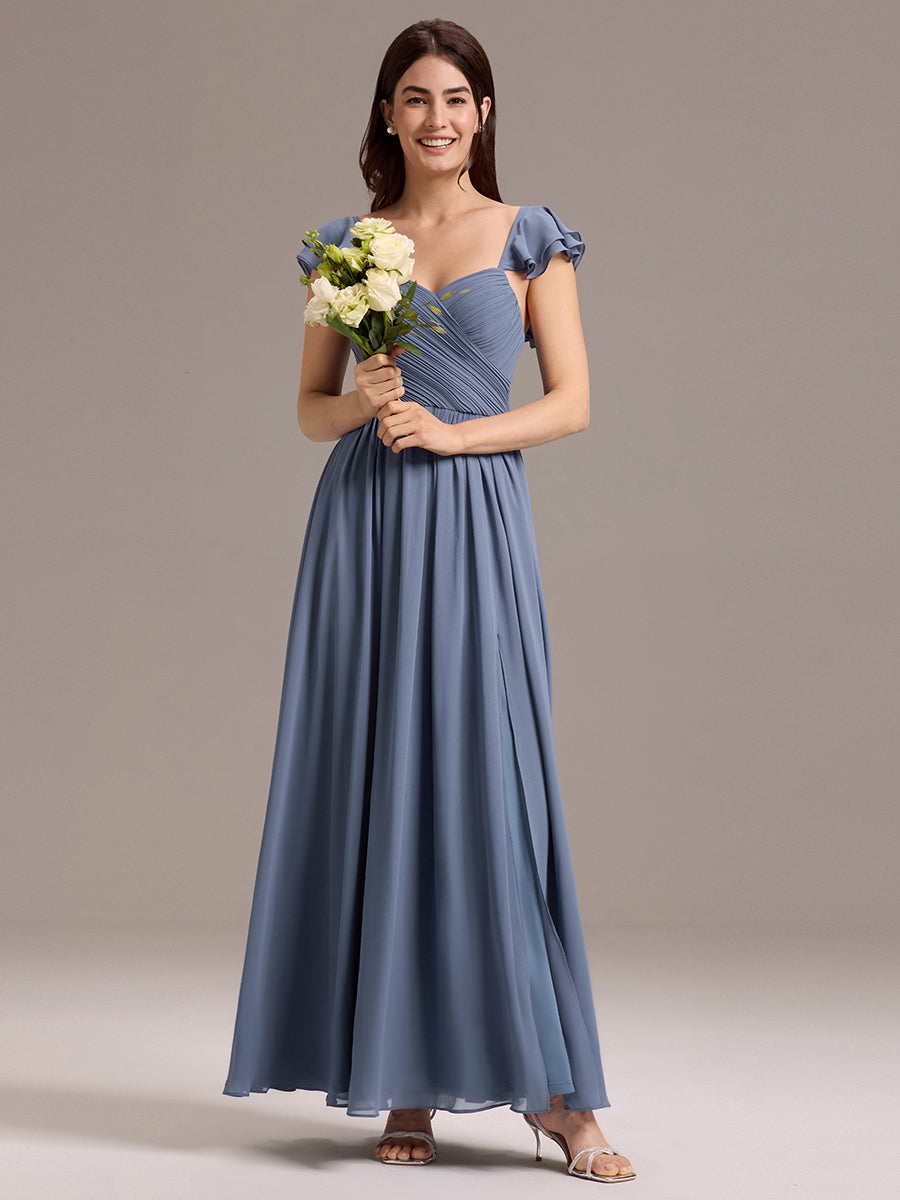 Color=Dusty Blue | Custom Made Sleeveless One Shoulder Pleated A-Line Floor Length Bridesmaid Dresses-Dusty Blue 4