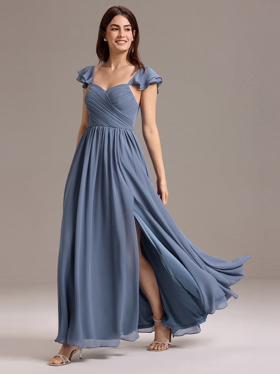 Color=Dusty Blue | Custom Made Sleeveless One Shoulder Pleated A-Line Floor Length Bridesmaid Dresses-Dusty Blue 5