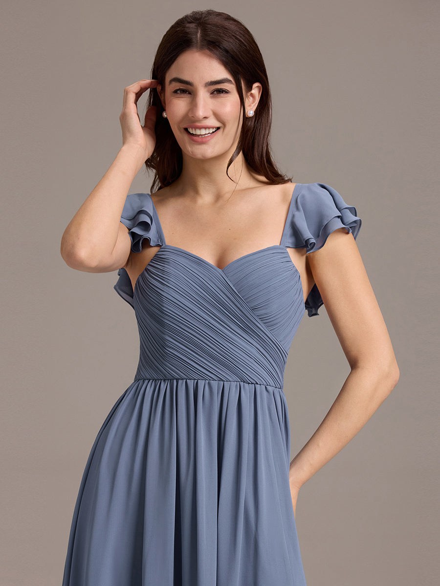 Color=Dusty Blue | Custom Made Sleeveless One Shoulder Pleated A-Line Floor Length Bridesmaid Dresses-Dusty Blue 3