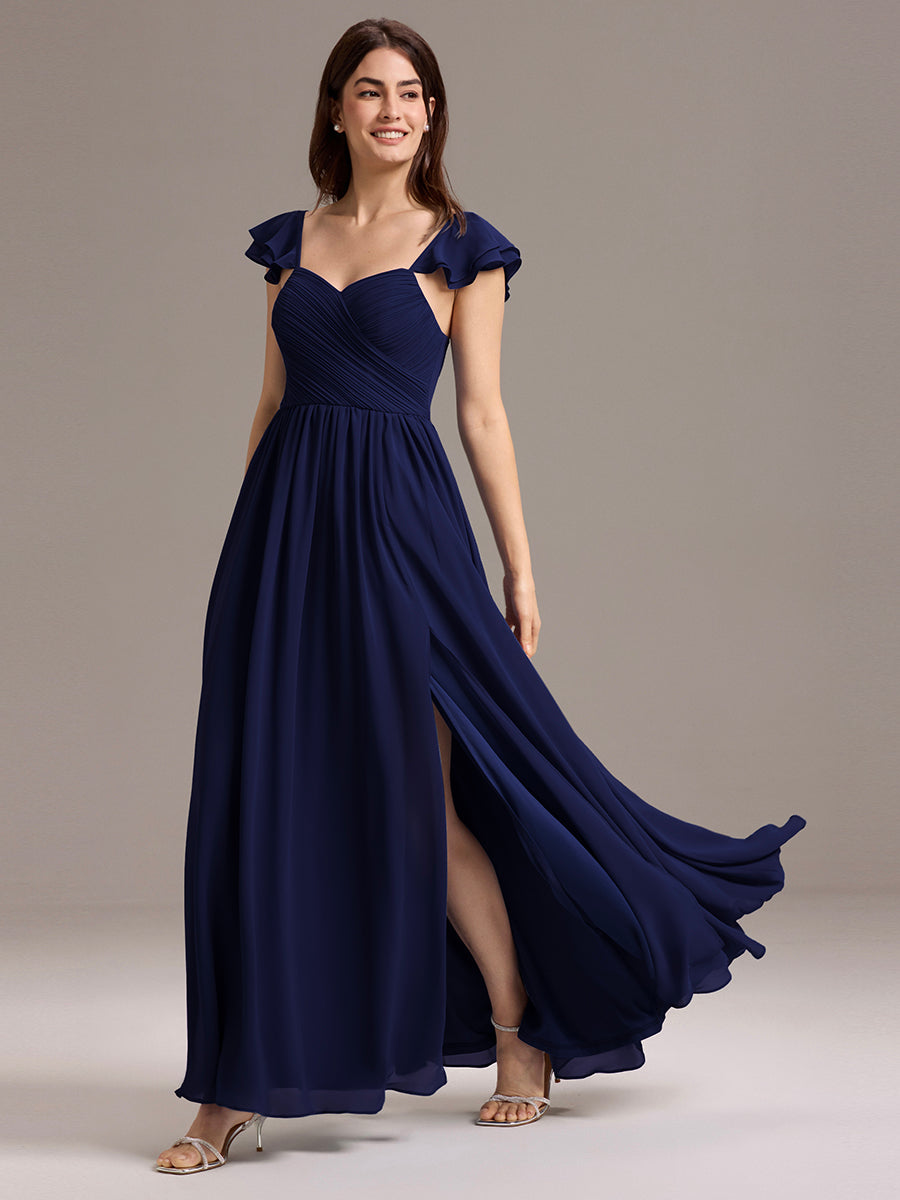 Color=Navy Blue | Custom Made Sleeveless One Shoulder Pleated A-Line Floor Length Bridesmaid Dresses-Navy Blue 20