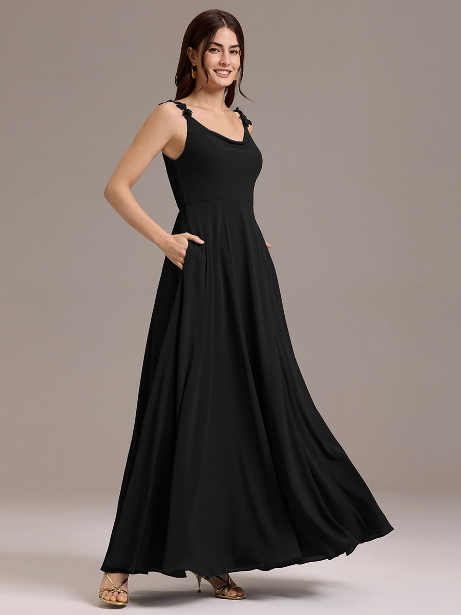 Flowy Chiffon Cowl Neck Backless A-Line Floral Strap Bridesmaids Dress #color_Black