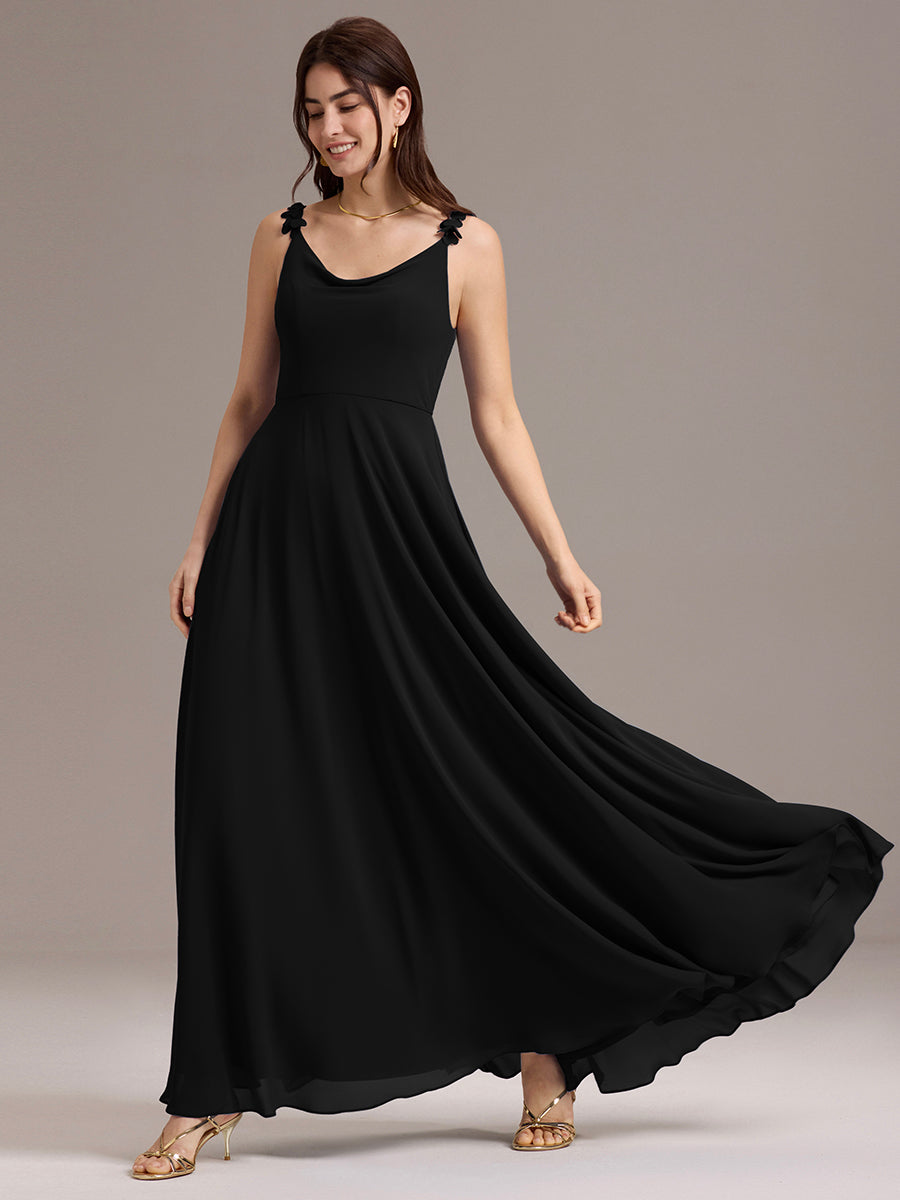 Flowy Chiffon Cowl Neck Backless A-Line Floral Strap Bridesmaids Dress #color_Black