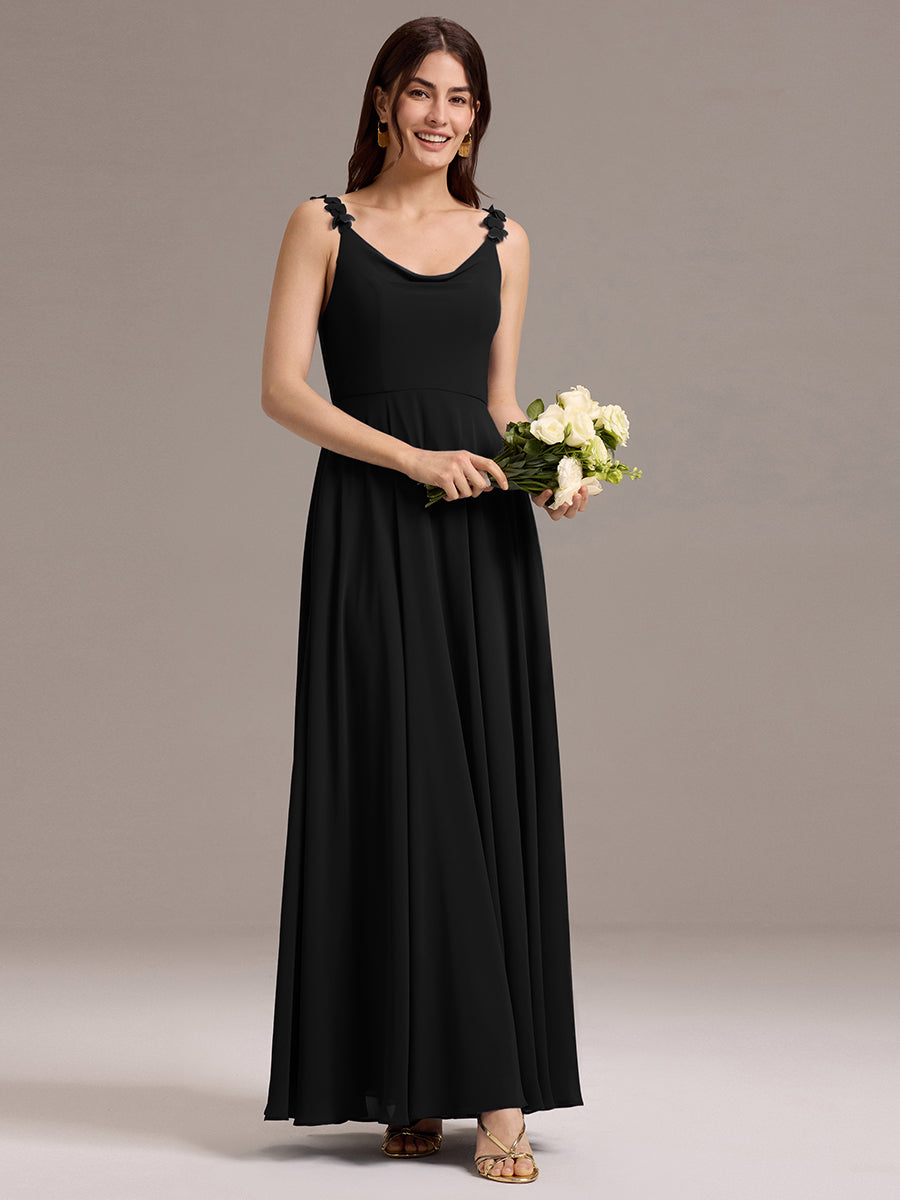 Flowy Chiffon Cowl Neck Backless A-Line Floral Strap Bridesmaids Dress #color_Black