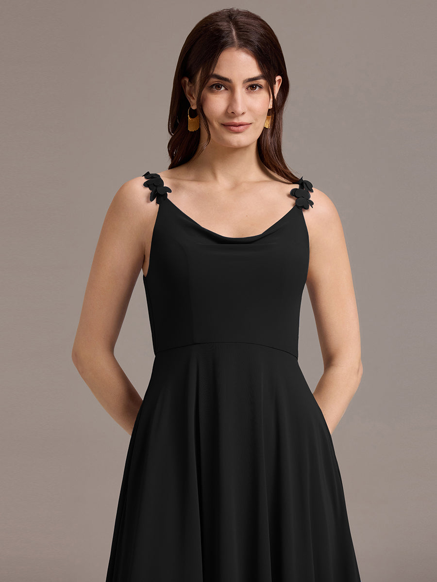 Flowy Chiffon Cowl Neck Backless A-Line Floral Strap Bridesmaids Dress #color_Black