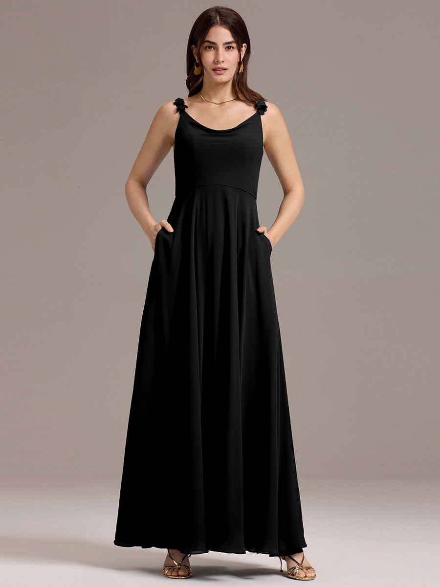 Flowy Chiffon Cowl Neck Backless A-Line Floral Strap Bridesmaids Dress #color_Black