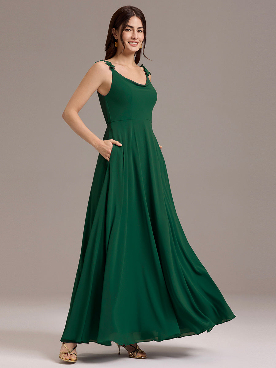 Flowy Chiffon Cowl Neck Backless A-Line Floral Strap Bridesmaids Dress #color_Dark Green