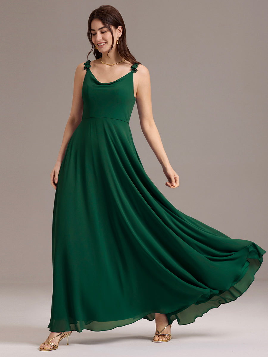 Flowy Chiffon Cowl Neck Backless A-Line Floral Strap Bridesmaids Dress #color_Dark Green